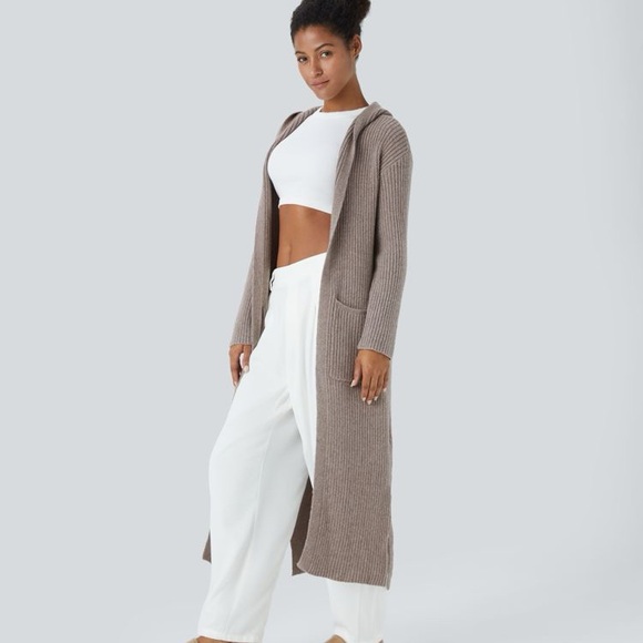 💕 HALARA hooded Long Sleeve Pocket Longline Cardigan, mocha meringue L NEW - Picture 2 of 8